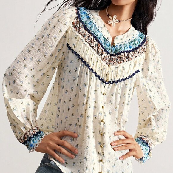 Blue Boho Casual Women's Country Vacation Woven Print Long Sleeve Loose Blouse - Picture 7 of 8